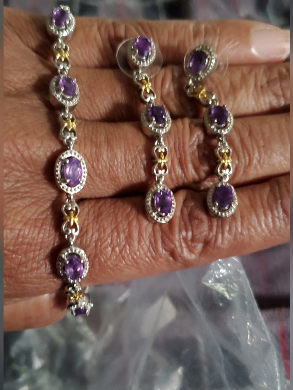 Amethyst Dangle Earrings Gold Rhodium Platinum Plated - Picture 5 of 5